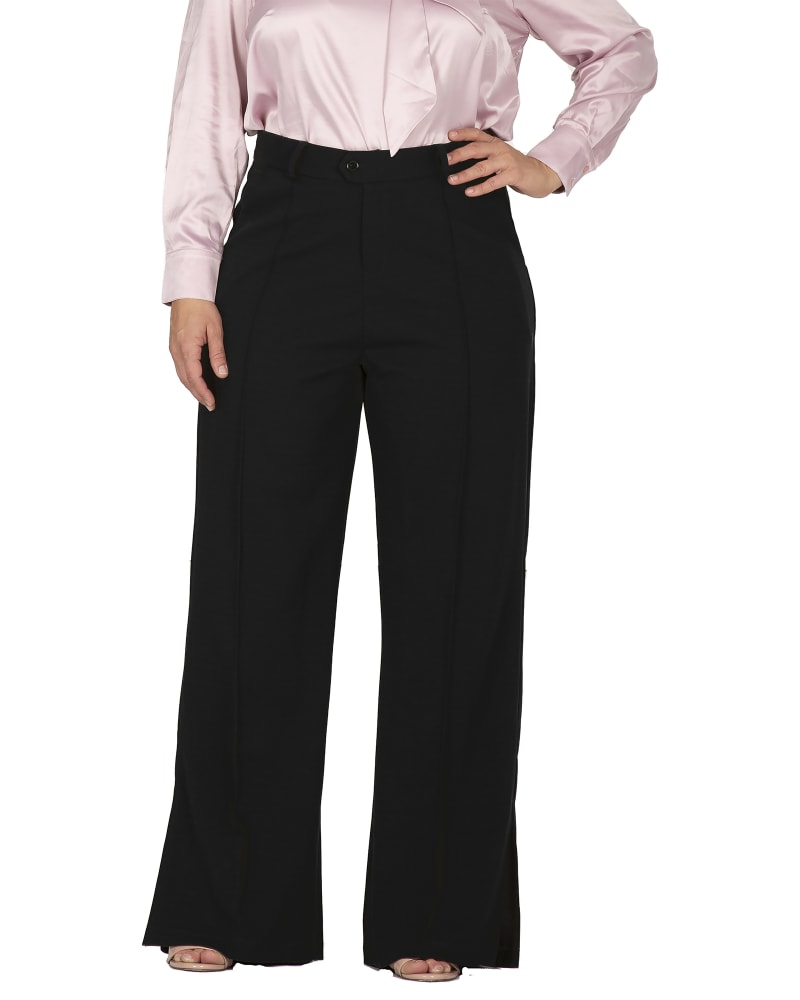 Front of a model wearing a size 14 Maia Flared High Waist Pants in Black by Standards & Practices. | dia_product_style_image_id:275925